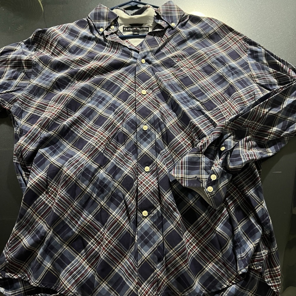 Tommy Hilfiger Button Down Dress Shirt Men's Sz Large Blue Plaid 100% Cotton